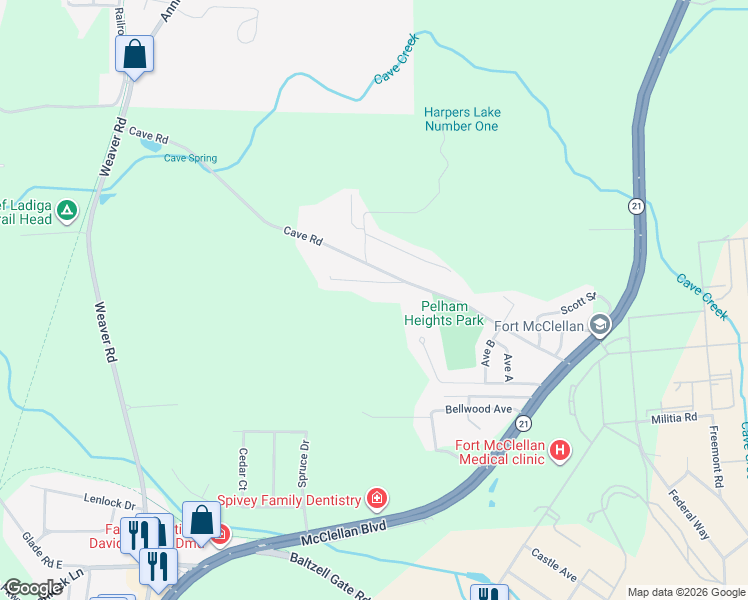map of restaurants, bars, coffee shops, grocery stores, and more near 51 Nunnally Avenue in Anniston