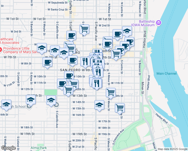 map of restaurants, bars, coffee shops, grocery stores, and more near 937 South Pacific Avenue in Los Angeles