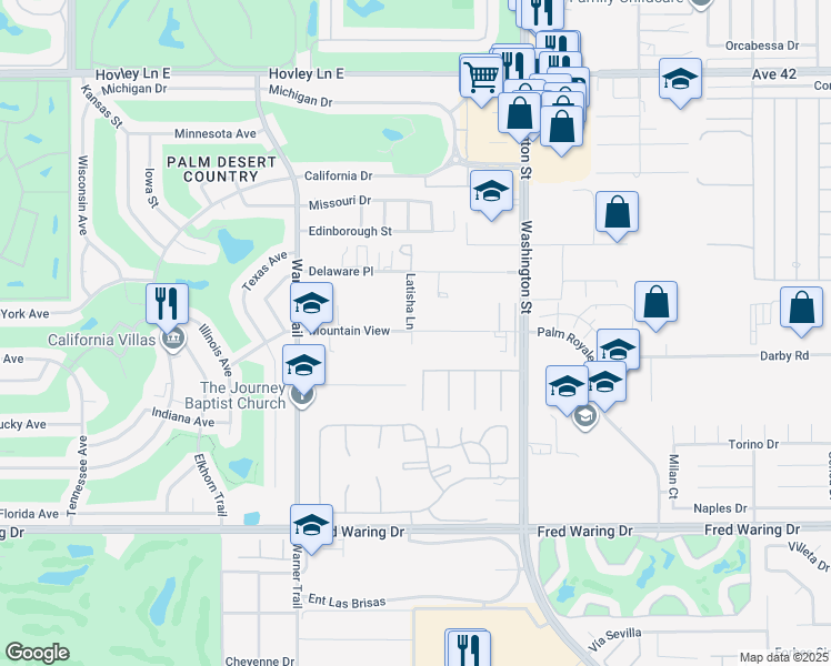 map of restaurants, bars, coffee shops, grocery stores, and more near 77733 Mountain View in Palm Desert