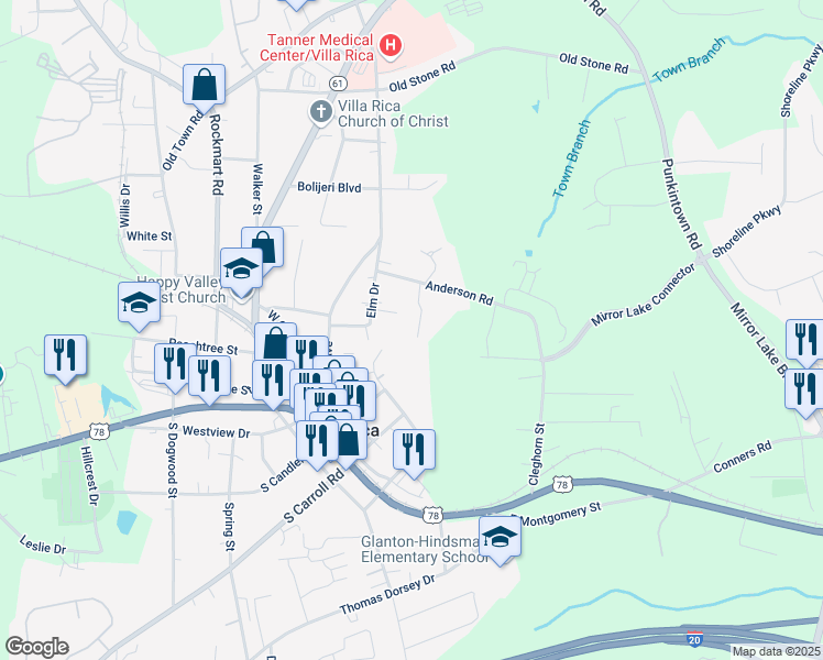 map of restaurants, bars, coffee shops, grocery stores, and more near 131 Pin Oak Trail in Villa Rica