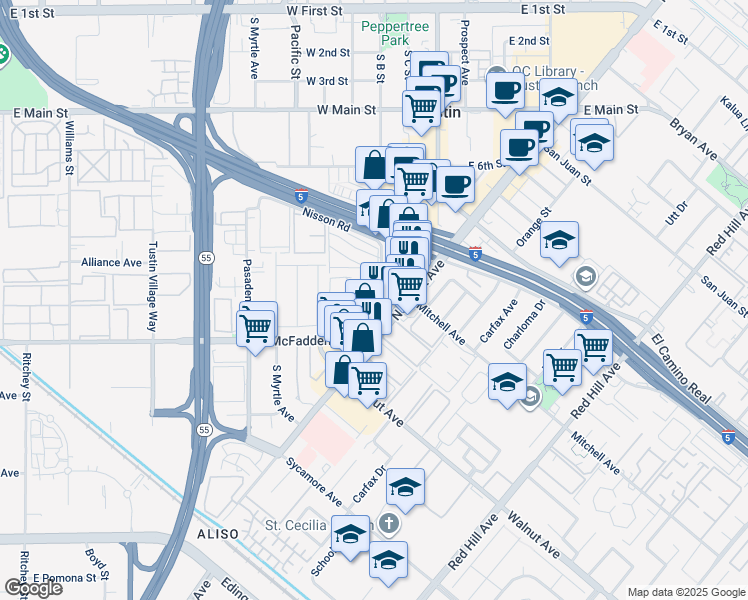 map of restaurants, bars, coffee shops, grocery stores, and more near 15682 South B Street in Tustin
