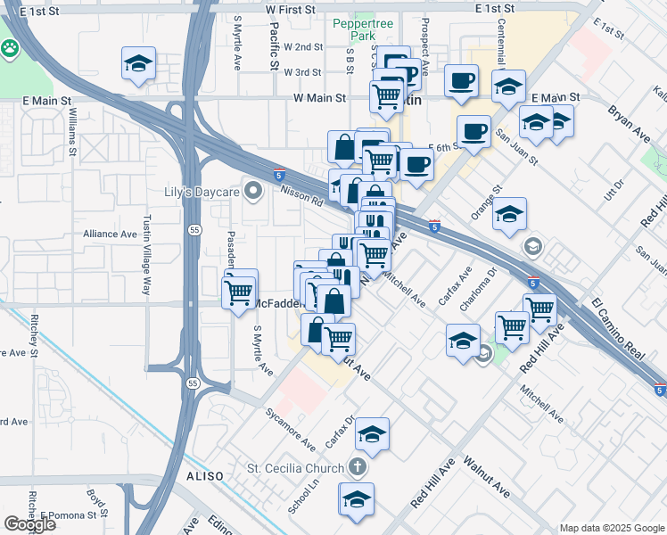 map of restaurants, bars, coffee shops, grocery stores, and more near 15682 South B Street in Tustin