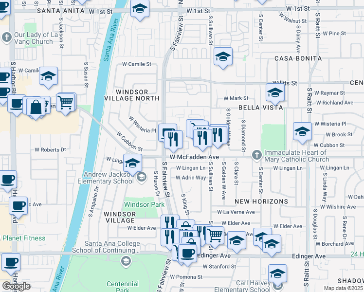 map of restaurants, bars, coffee shops, grocery stores, and more near 2549 West McFadden Avenue in Santa Ana