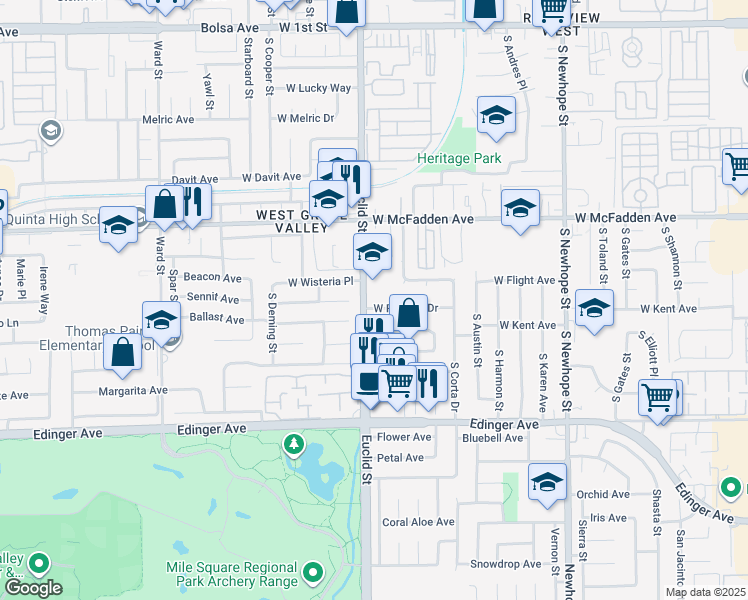map of restaurants, bars, coffee shops, grocery stores, and more near 5125 West Roberts Drive in Santa Ana