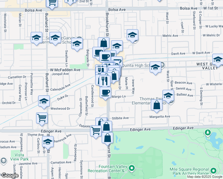 map of restaurants, bars, coffee shops, grocery stores, and more near 15691 Patrice Avenue in Westminster