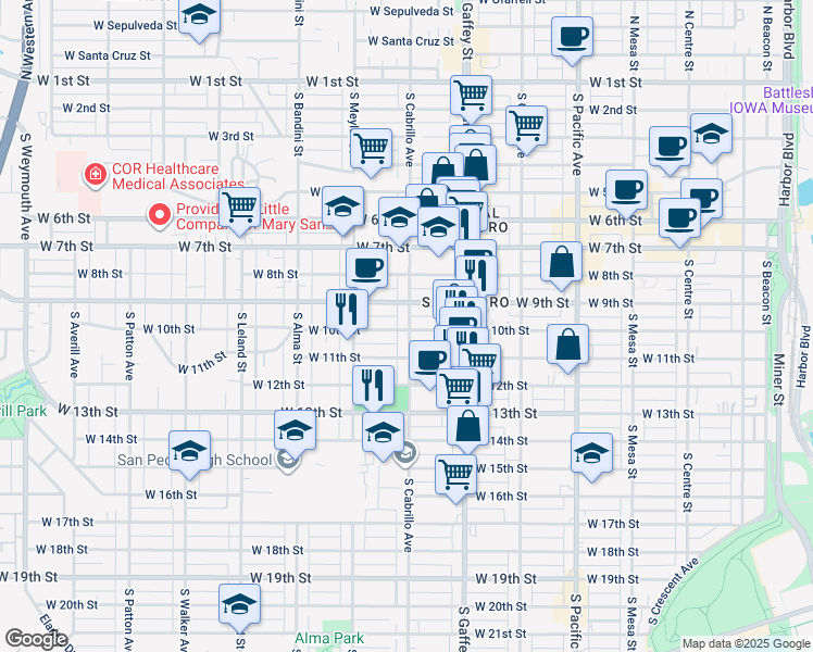 map of restaurants, bars, coffee shops, grocery stores, and more near 1010 South Cabrillo Avenue in Los Angeles