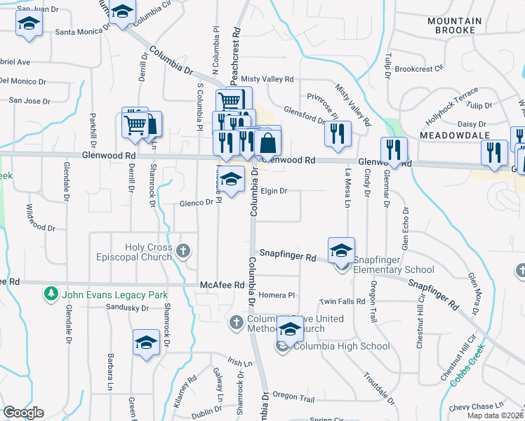 map of restaurants, bars, coffee shops, grocery stores, and more near in Candler-McAfee