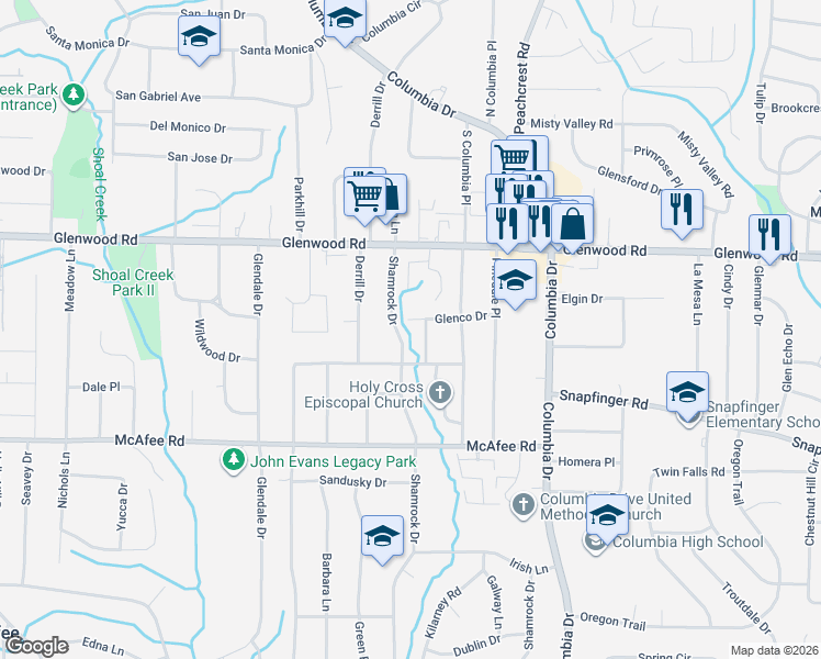 map of restaurants, bars, coffee shops, grocery stores, and more near 1909 Shamrock Drive in Decatur