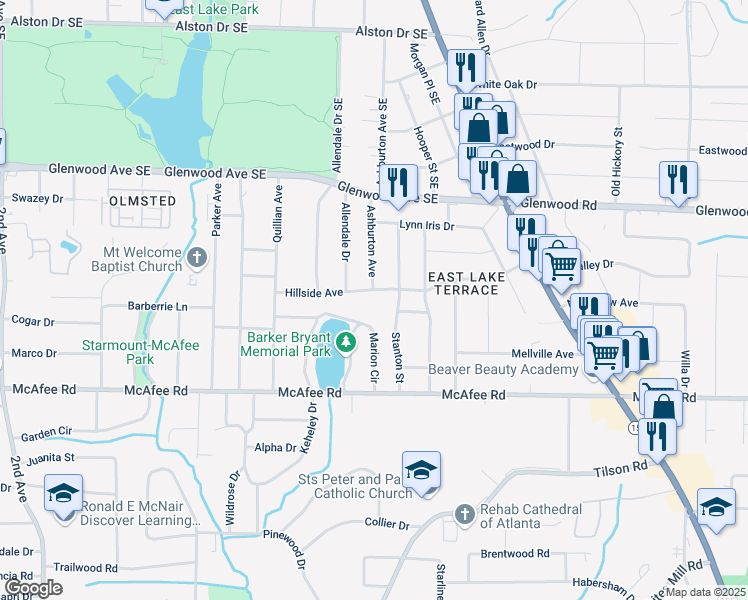 map of restaurants, bars, coffee shops, grocery stores, and more near 2355 Hillside Avenue in Decatur