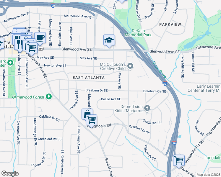 map of restaurants, bars, coffee shops, grocery stores, and more near 1684 Braeburn Drive Southeast in Atlanta