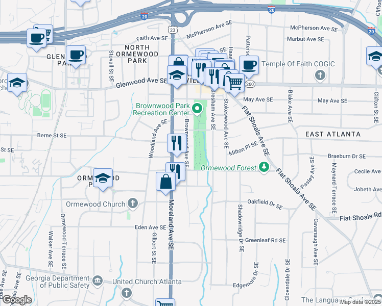 map of restaurants, bars, coffee shops, grocery stores, and more near 706 Brownwood Avenue Southeast in Atlanta