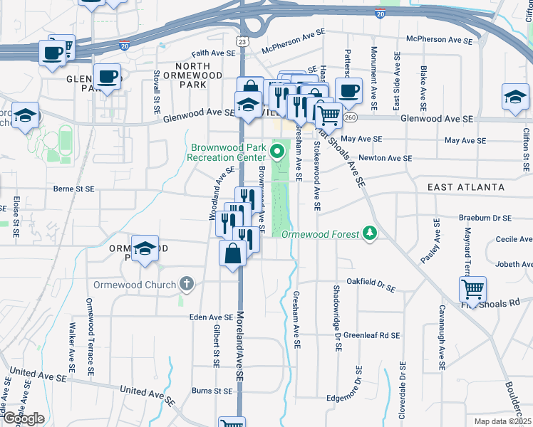 map of restaurants, bars, coffee shops, grocery stores, and more near 706 Brownwood Avenue Southeast in Atlanta