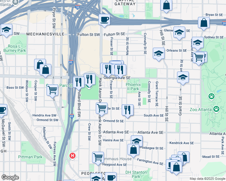 map of restaurants, bars, coffee shops, grocery stores, and more near 710 Fraser Street Southeast in Atlanta