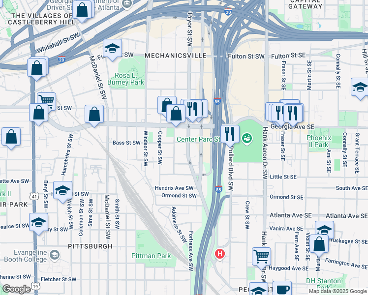 map of restaurants, bars, coffee shops, grocery stores, and more near 717 Pryor Street Southwest in Atlanta
