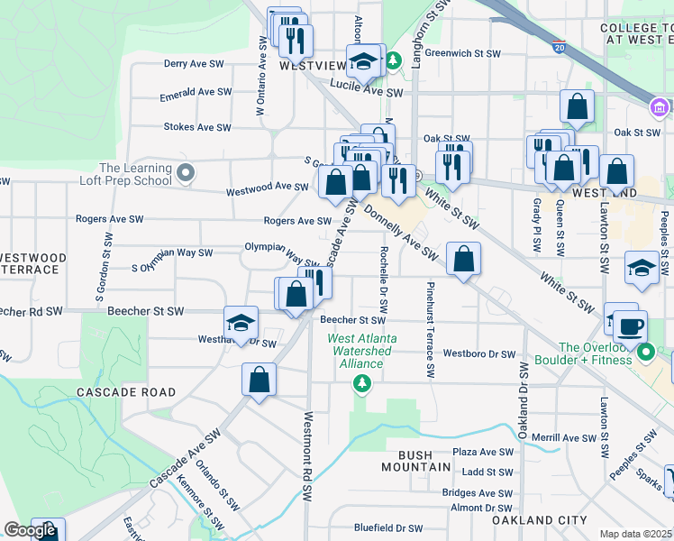 map of restaurants, bars, coffee shops, grocery stores, and more near 732 Cascade Avenue Southwest in Atlanta