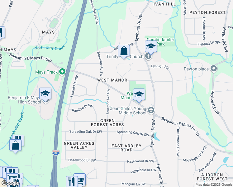 map of restaurants, bars, coffee shops, grocery stores, and more near 3220 Benjamin E Mays Drive Southwest in Atlanta