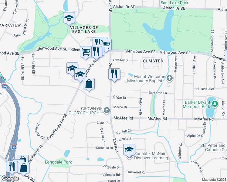 map of restaurants, bars, coffee shops, grocery stores, and more near 1986 Cogar Drive in Decatur