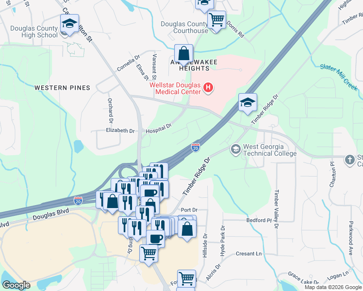 map of restaurants, bars, coffee shops, grocery stores, and more near 9051 Stoneleigh Trce in Douglasville