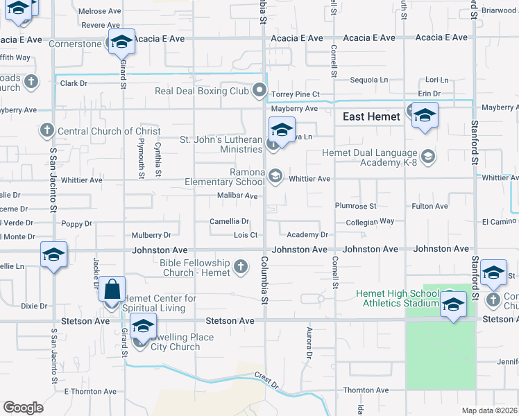 map of restaurants, bars, coffee shops, grocery stores, and more near 26597 Columbia Street in Hemet
