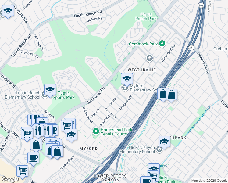 map of restaurants, bars, coffee shops, grocery stores, and more near 17 Calais in Irvine