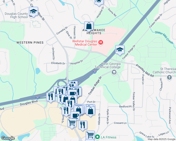 map of restaurants, bars, coffee shops, grocery stores, and more near 9051 Stoneleigh Trce in Douglasville