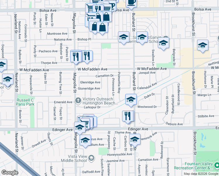 map of restaurants, bars, coffee shops, grocery stores, and more near 15681 Canna Way in Westminster