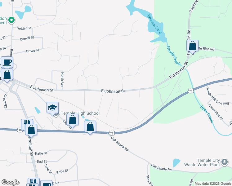 map of restaurants, bars, coffee shops, grocery stores, and more near 100 Maplewood Drive in Temple