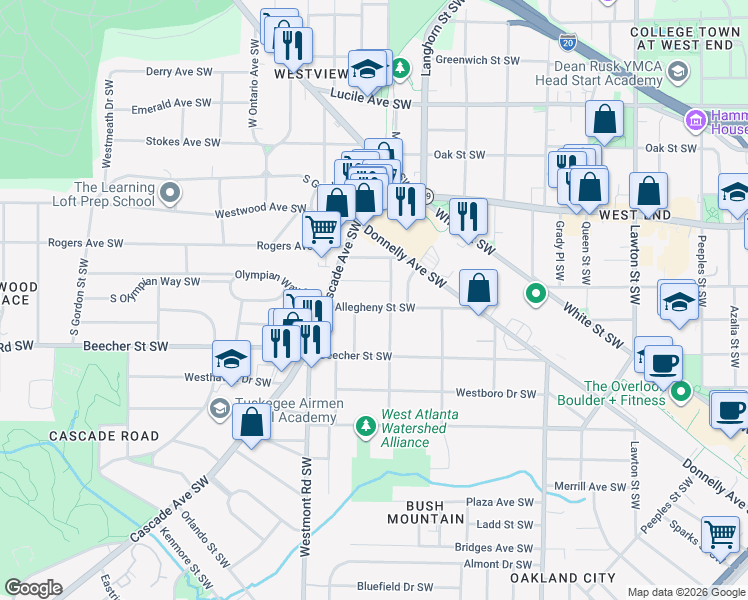map of restaurants, bars, coffee shops, grocery stores, and more near 1435 Allegheny Street Southwest in Atlanta