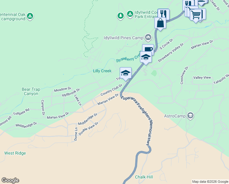 map of restaurants, bars, coffee shops, grocery stores, and more near 53705 Country Club Drive in Idyllwild-Pine Cove