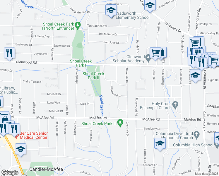 map of restaurants, bars, coffee shops, grocery stores, and more near 1903 Wildwood Drive in Decatur