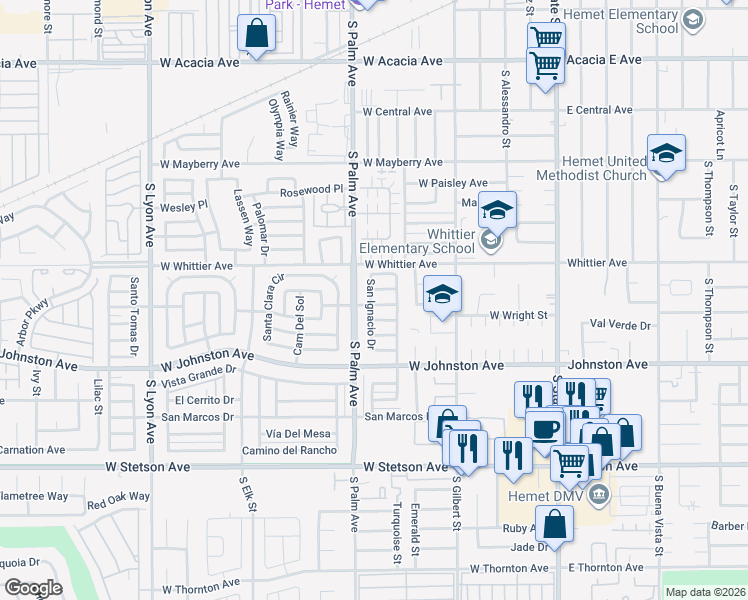 map of restaurants, bars, coffee shops, grocery stores, and more near 850 San Juan Drive in Hemet
