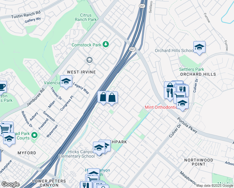 map of restaurants, bars, coffee shops, grocery stores, and more near 57 Modesto in Irvine