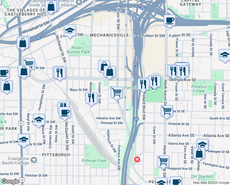 map of restaurants, bars, coffee shops, grocery stores, and more near 717 Pryor Street Southwest in Atlanta