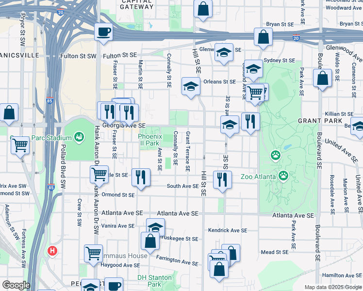 map of restaurants, bars, coffee shops, grocery stores, and more near 221 Bass Street Southeast in Atlanta