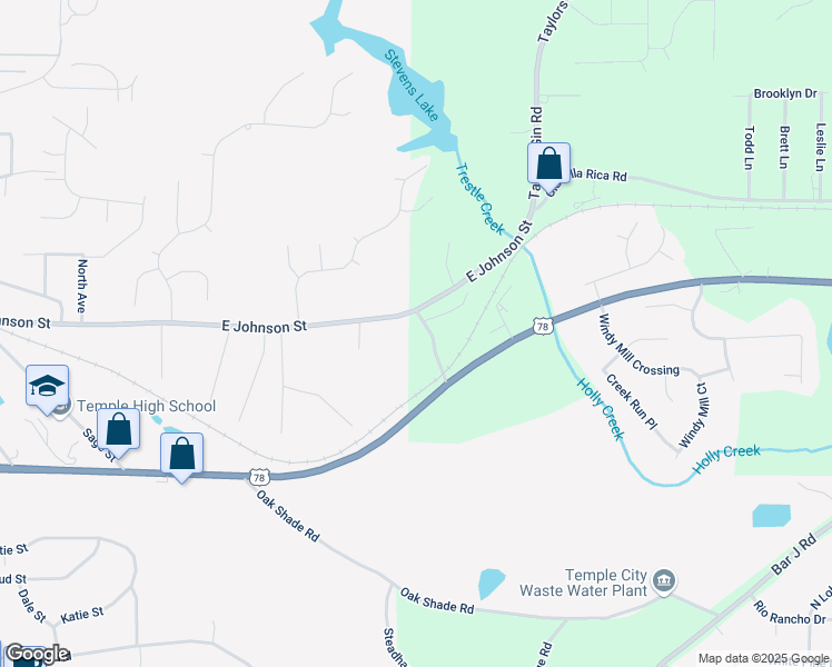 map of restaurants, bars, coffee shops, grocery stores, and more near 128 Ringer Crossroad in Temple