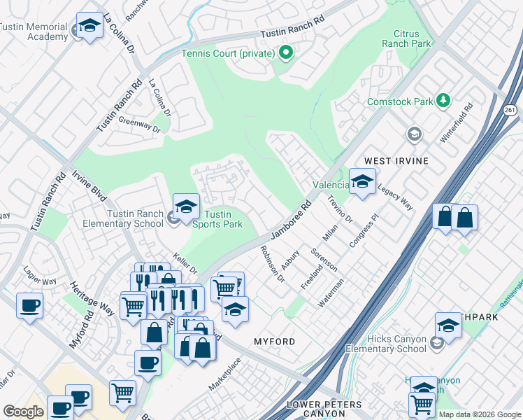 map of restaurants, bars, coffee shops, grocery stores, and more near 2948 Player Lane in Tustin
