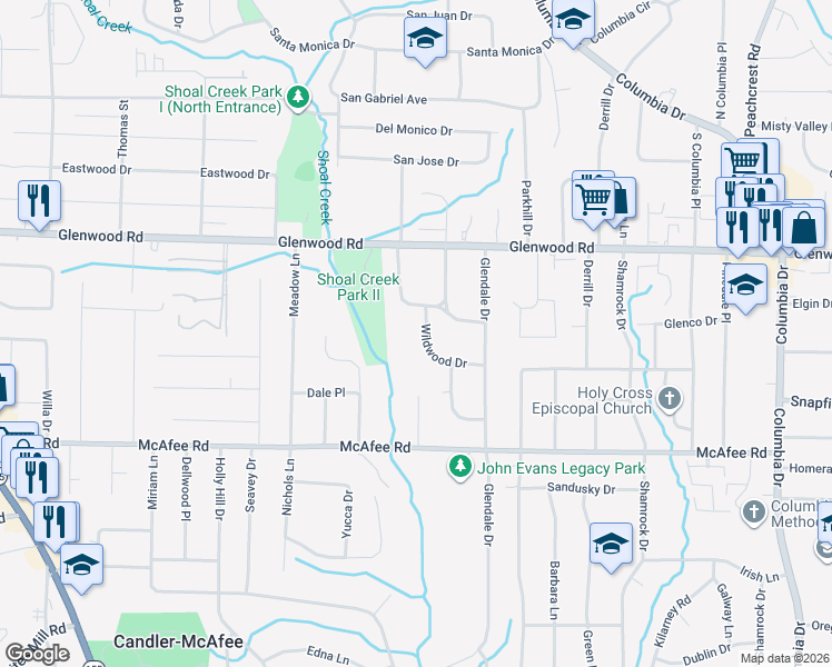 map of restaurants, bars, coffee shops, grocery stores, and more near 1910 Wildwood Drive in Decatur