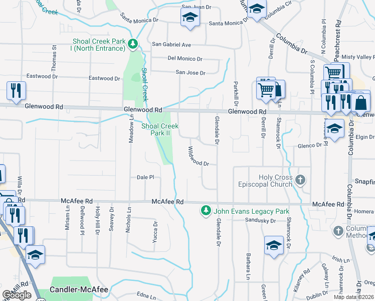 map of restaurants, bars, coffee shops, grocery stores, and more near 1903 Wildwood Drive in Decatur