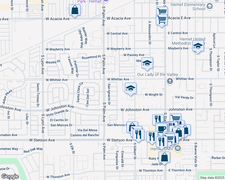 map of restaurants, bars, coffee shops, grocery stores, and more near 830 San Juan Drive in Hemet