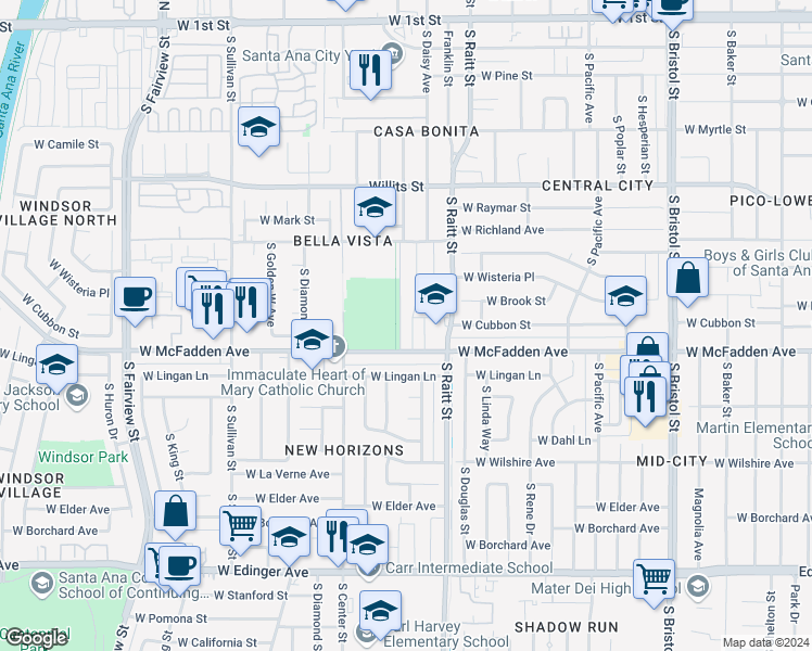 map of restaurants, bars, coffee shops, grocery stores, and more near 910 South Townsend Street in Santa Ana
