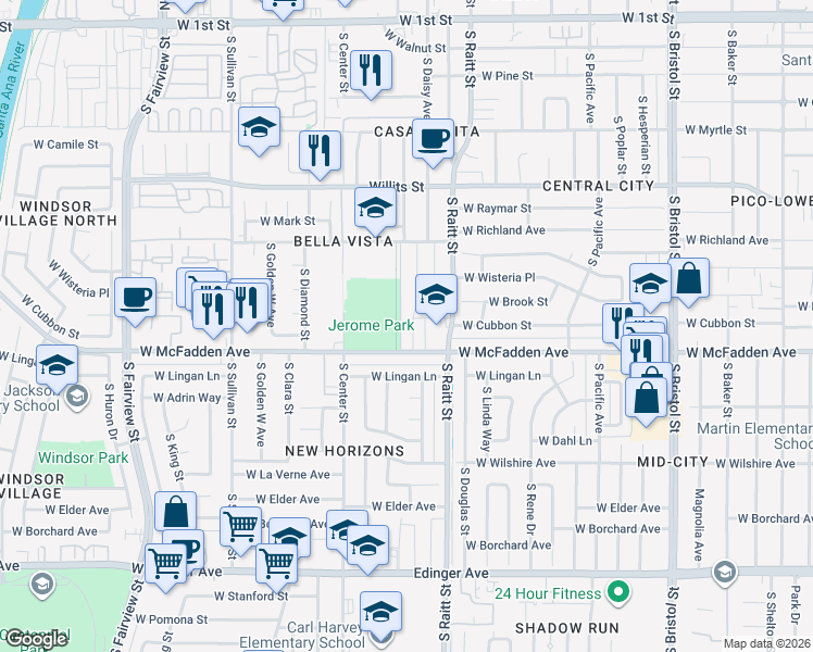 map of restaurants, bars, coffee shops, grocery stores, and more near 910 South Townsend Street in Santa Ana
