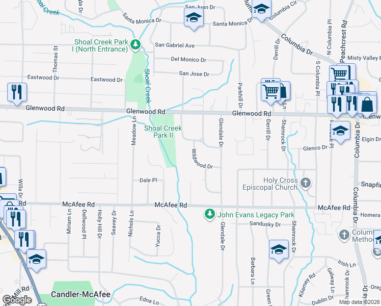 map of restaurants, bars, coffee shops, grocery stores, and more near 1910 Wildwood Drive in Decatur