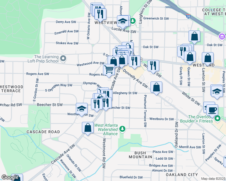 map of restaurants, bars, coffee shops, grocery stores, and more near 732 Cascade Avenue Southwest in Atlanta