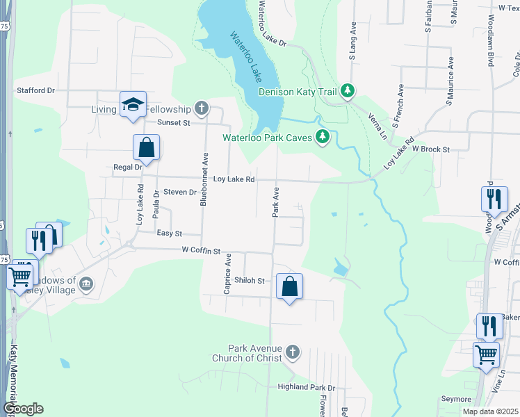 map of restaurants, bars, coffee shops, grocery stores, and more near 2042 Avon Drive in Denison