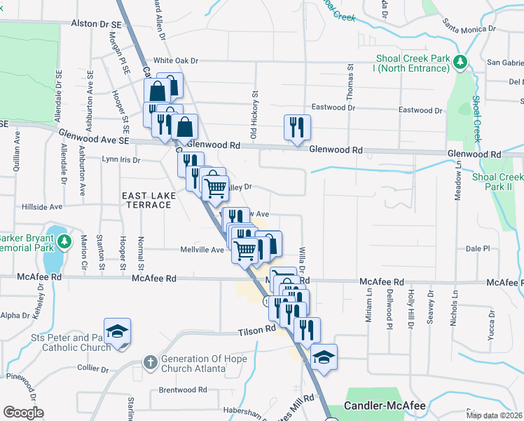 map of restaurants, bars, coffee shops, grocery stores, and more near 2620 Northview Avenue in Decatur