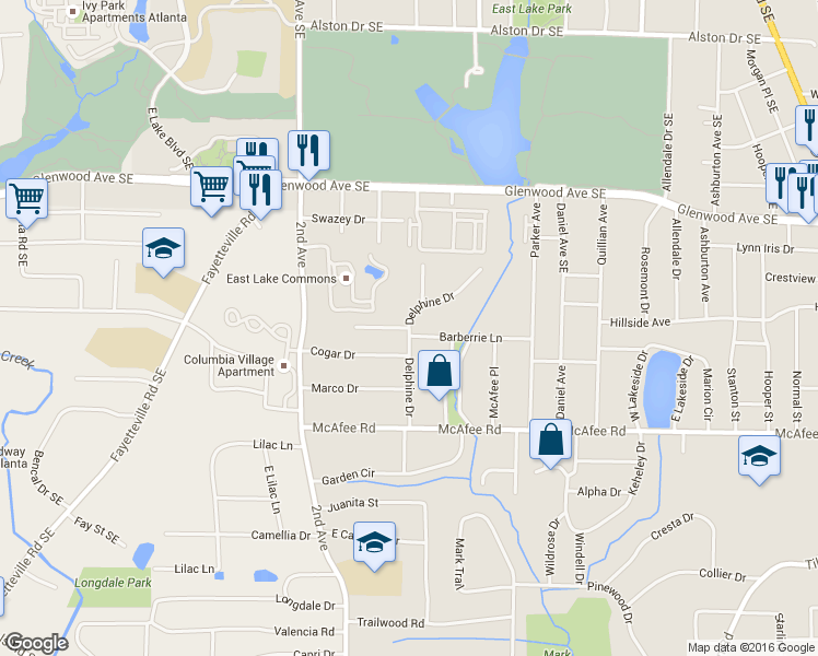 map of restaurants, bars, coffee shops, grocery stores, and more near Delphine Dr & Barberrie Ln in Candler-McAfee