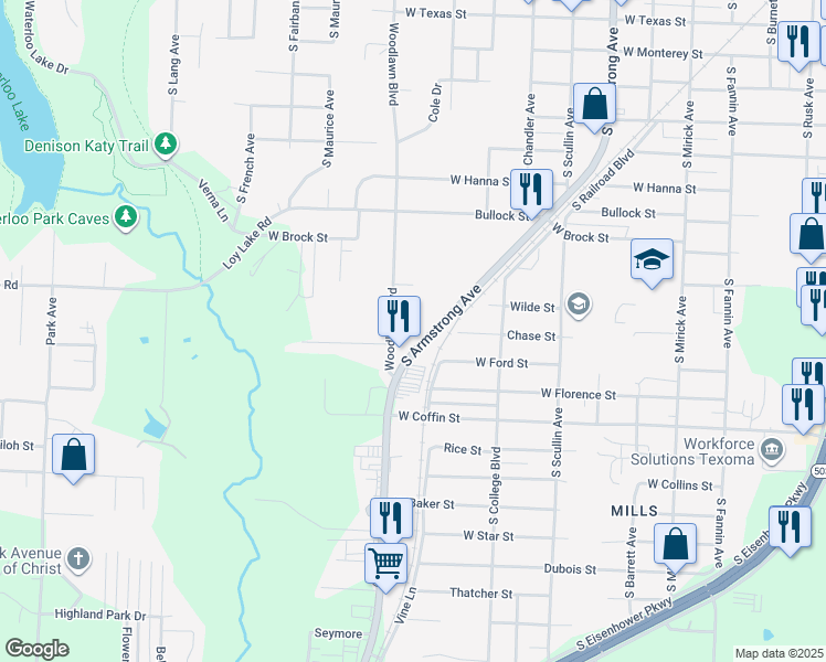 map of restaurants, bars, coffee shops, grocery stores, and more near 1222 Kawahee Lane in Denison