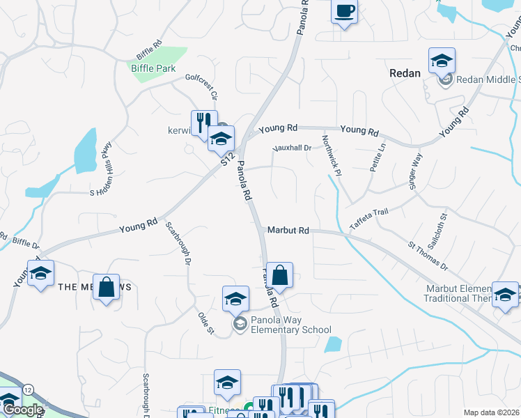 map of restaurants, bars, coffee shops, grocery stores, and more near 1912 Panola Road in Lithonia