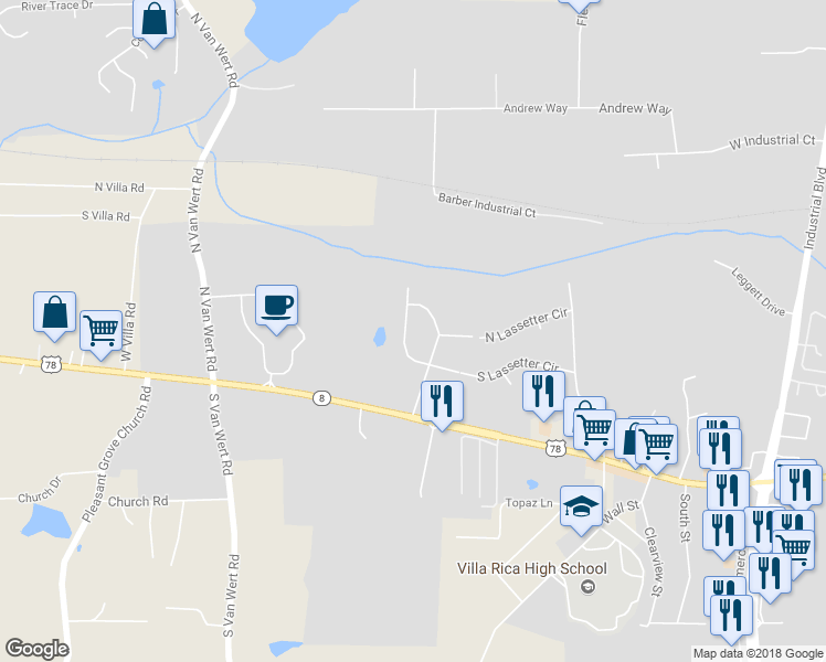 map of restaurants, bars, coffee shops, grocery stores, and more near 115 Melleray Court in Villa Rica