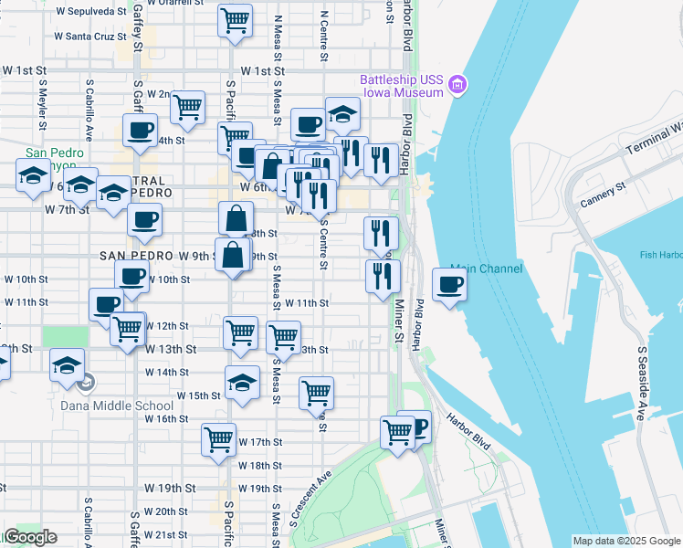 map of restaurants, bars, coffee shops, grocery stores, and more near 262 West 10th Street in Los Angeles